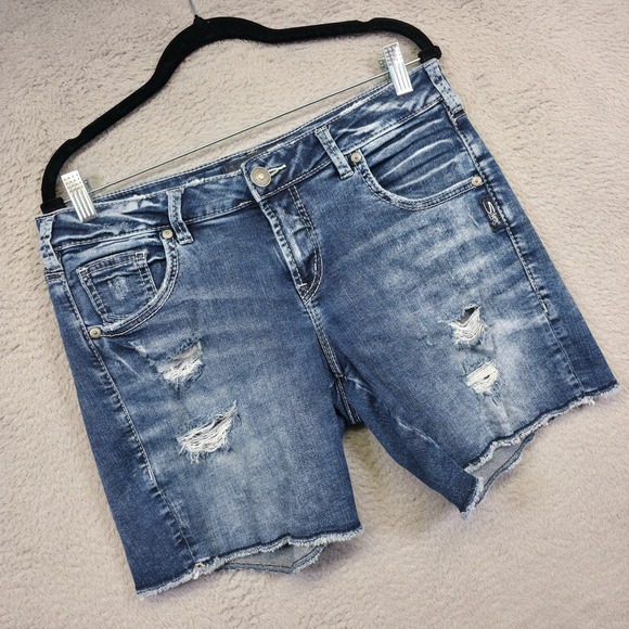 Silver Jeans Shorts Women 28 Blue Sam Low Rise Distressed Medium Wash Denim 33x7 - Picture 1 of 12